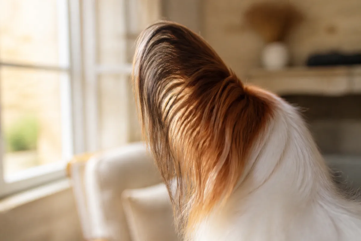 Oreille frangée caractéristique du chien Papillon en gros plan