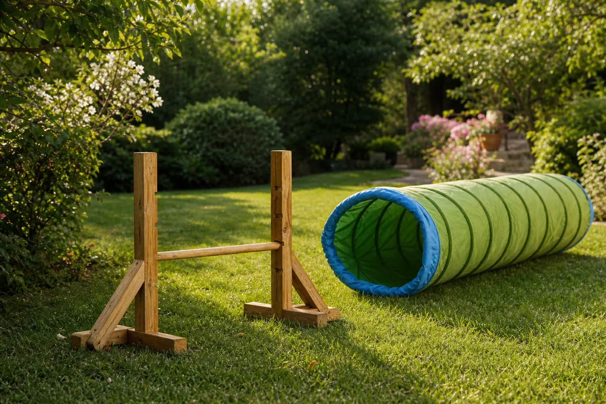 Obstacles d’agility installés dans un jardin pour chien actif