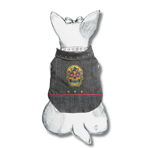 chien dessiné avec un blouson en jean et une tête de mort