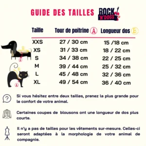 Guide des tailles boutique Rock'N'Dogs vêtements pour chien