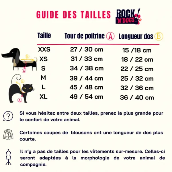 Guide des tailles boutique Rock'N'Dogs vêtements pour chien